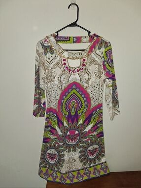 Bead-Neckline Paisley Mini Dress in Pink & Green
